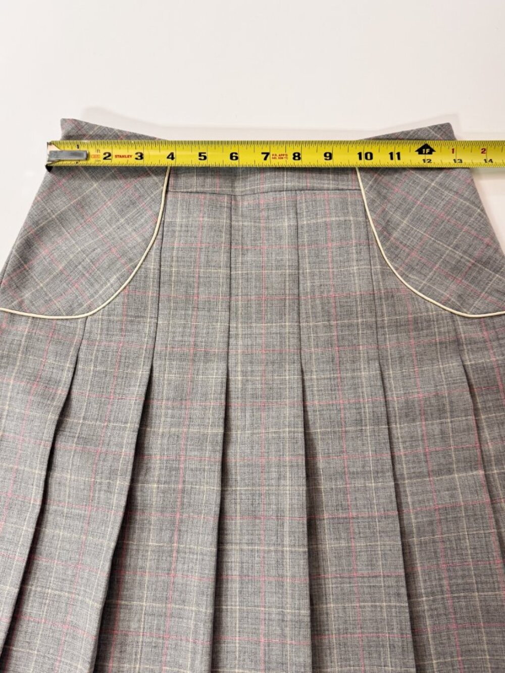 Gray Pink Plaid Pleated Wool Blend Midi Skirt XS Academia Preppy Gossip Girl - Picture 8 of 13